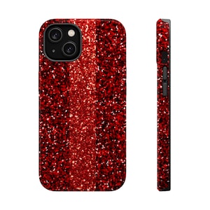 May include: Red glitter phone case with a vertical stripe of a slightly lighter shade of red glitter. The case is designed for an iPhone.