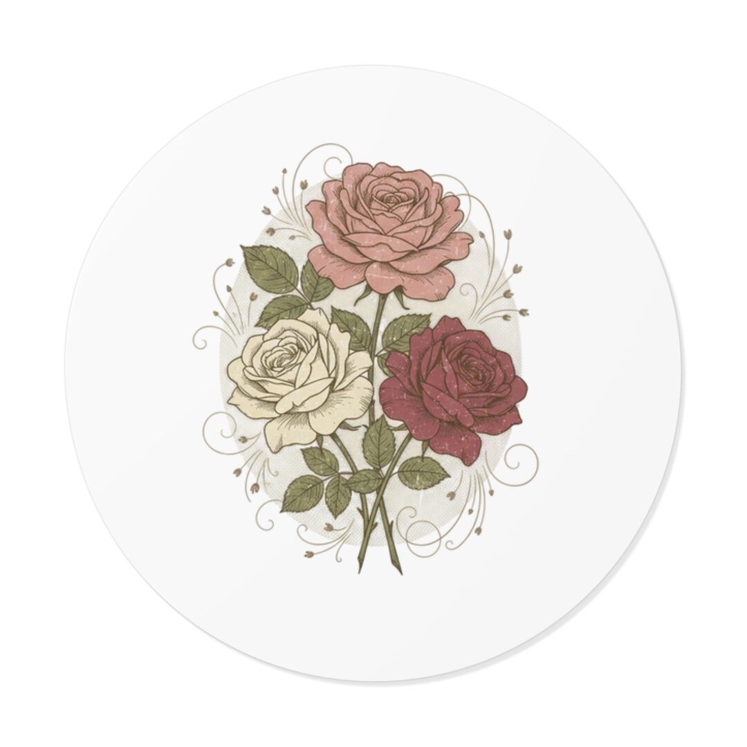 Round Sticker Rose Vintage Trio Roses Round Vinyl Sticker | Floral Bouquet Sticker - Etsy