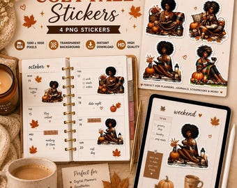 Gezellige digitale herfststickers | PNG's voor herfstdagboek (directe download)