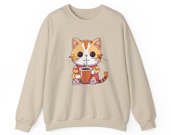 Cat Coffee Lover Crewneck Sweatshirt, Unisex Cozy Pullover, Animal Graphic Tee