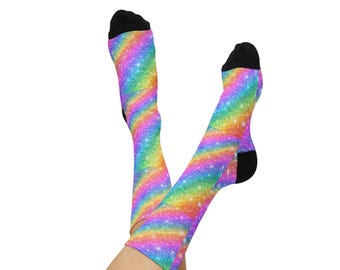 Tęczowe skarpetki z brokatem i nadrukiem tie-dye | Skarpetki z nadrukiem sublimacyjnym