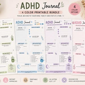 May include: Four printable ADHD journal pages in green, blue, purple, and pink colour schemes. Each page features sections for brain dump, top priorities, energy check-in, self-care checklist, reflection, and reminders, sized at 21.6 by 27.9 cm.