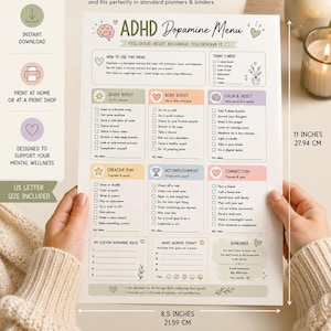 Può includere: Un menu stampabile ADHD Dopamine su carta formato US Letter, progettato per planner e raccoglitori. Il menu include sezioni per quick boost, body boost, calma e reset, divertimento creativo, realizzazione e connessione. La carta misura 21,59 x 27,94 cm.