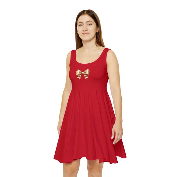 red bow skater dress Bardot Plunge Neck Bow Sleeve Skater Mini Dress - Red