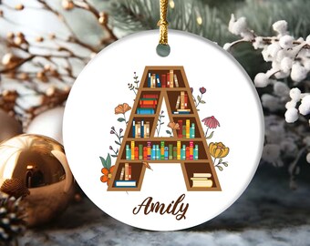 Personalized Bookshelf Ornament, Custom Initial Letter Name Bookshelf Ornament, Book Ornament, Bookish Christmas Gift, Book Lover Gift