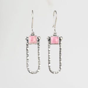 Handcrafted in Peru - 950 Fine Sterling Silver and Rhodonite, Long Dangle Earrings