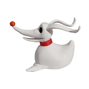 May include: A white ceramic figurine of Zero, the ghost dog from The Nightmare Before Christmas, with a red collar and orange pumpkin nose.