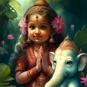 Download digitale carino di Lakshmi e Ganesha