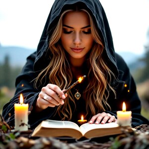 Op de afbeelding: Een persoon in een zwarte capuchonmantel, die een toverstaf met een gloeiende punt boven een open boek houdt. Aangestoken kaarsen omringen het boek en creëren een mystieke sfeer. De scène speelt zich buiten af met een vage achtergrond van bomen.