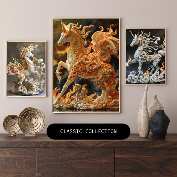Kirin Clay Art Wall Decor [Bundle of 4], Elemental Balance Mythical Creature, Twilight Serene Nature, Tranquil Home Decoration [16 Formats]