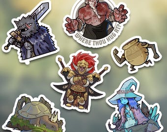 Elden Ring inspired sticker bundle holo Vinyl waterproof stickers Blaidd Godfrey Turtle Pope Ranni Pot Alexander