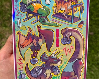 Holographic Dinosaur Gym Bro Sticker Sheet 7.5x5in – Waterproof Vinyl Dino Workout Funny T-Rex Water Bottle & Laptop Deca