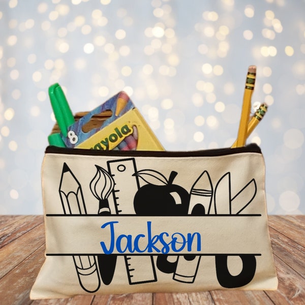 Personalized canvas pencil pouch for students, Custom Name Pencil Tote, Small Zippered Tote, Reusable Canvas Bag, Custom School Supplies