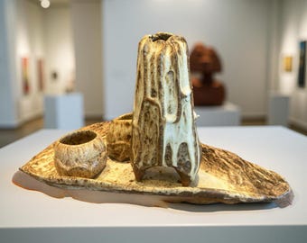 Unique Hand Made Ceramic Japanese Sake Bottle, Cups, Dark Brown/Beige For Dining, Table Setting, & Kitchen.