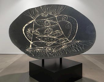 Hand-Engraved Black Ceramic Plate – “Night Symbol” Original Design by Suhwa Chang