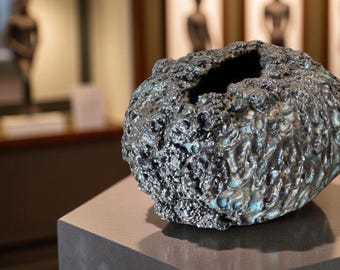 Hand-Built  Art Ceramic /Dark Brown/Turquoise/ Seashell  Rustic Textures Vase For Flower/Plant/Collection & Home Decor