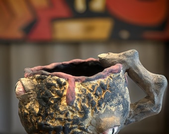 Unique Hand-Made Ceramic the Coffee Coup Dark Brown /Red/Black Glazes. A Creative Twist for Halloween Holiday on Your Morning Coffee