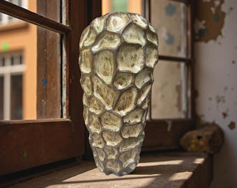 Tall Sculptural Vase-Textured Green Ceramic with Fossil Inspired Surface, Statement Pottery Art.