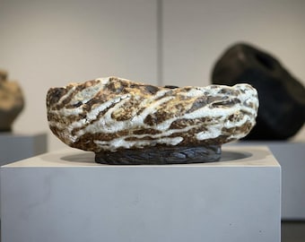 Hand Made Unique Art Ceramic Vase Brown/White Crack Glazes Rustic Textures For Flower & Home Decor