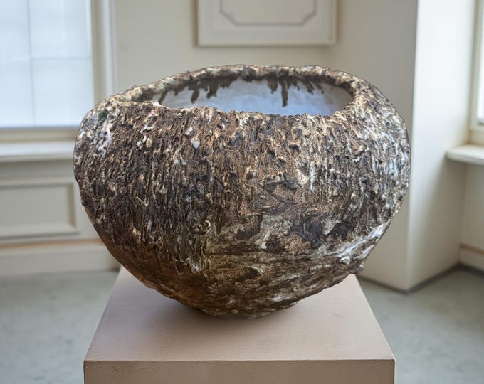Featured listing image: Hand-Built Art Ceramic Black/Brown/ White Rustic Textures Round Vase For Flower, Plant, Collection, Home Decor Or A Gift