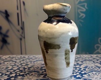 Unique Hand Made Sake Bottle, White/ Blue Glazeu