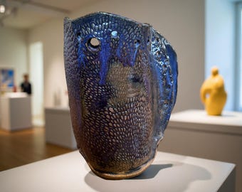 Handbuilt Textured Ceramic Vase with Metallic Blue Crater Glaze
