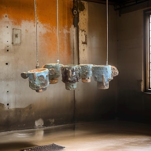 Op de afbeelding: Vijf blauwe en bruine keramische bekers met ingewikkelde ontwerpen hangen aan touwtjes van het plafond in een rustieke omgeving. De bekers lijken handgemaakt te zijn.