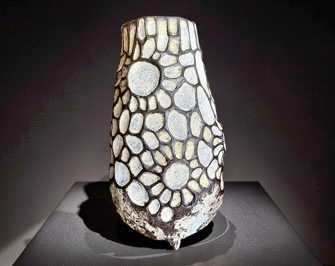 Featured listing image: Handcrafted Ceramic Vase – Wabi-Sabi Stone Texture, Geometric Pattern Ambient