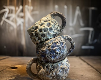 Unique Hand-Made Ceramic the Coffee Cup Dark Brown /White/Black Glazes. A Creative Twist on Your Morning Coffee