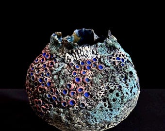 Handbuilt Ceramic Lava Glaze Vase, Wabi Sabi Textured Peacock Pattern Planter, OOAK Volcanic Crawl Glaze Pottery Vessel.