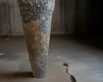 Hand Made Unique Ceramic Vase Dark Metal Brown Rustic textures, One Of Kind  For Flower & Home Decor