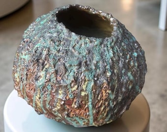 Hand-Built  Art Ceramic /Dark Brown/Turquoise  Rustic one of kind Vase For Flower/Plant/Collection /Home Decor/ Gift