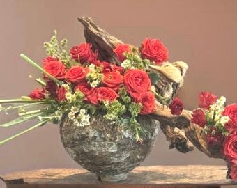 Hand-Built Art Ceramic Black/Brown/ White Rustic Textures Round Vase For Flower, Plant, Collection, Home Decor Or A Gift