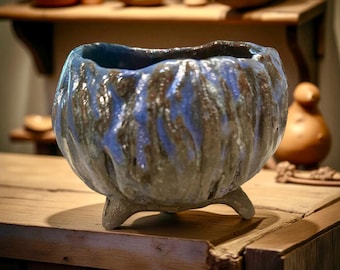 Textured Blue Ceramic Small Bowl with Organic Tripod Base | Sculptural Handmade Pottery bowl