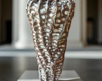 Unique Hand-Built Art Ceramic White Creaks /Brown Rustic Textures Vase For Flower, Plant, Collection, Home Decor Or A Gift