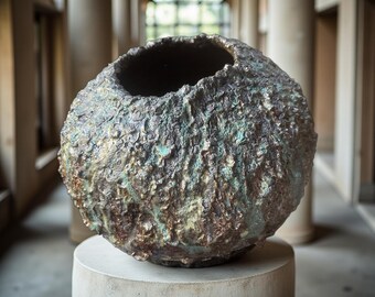 Hand-Built  Art Ceramic /Dark Brown/Turquoise  Rustic one of kind Vase For Flower/Plant/Collection /Home Decor/ Gift