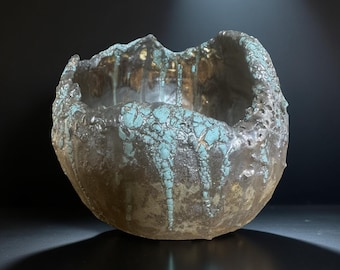 Unique Hand Made Ceramic Vase Bronze/Black/Blue Crack  For Flower, Plate,  Home Decor, Gift.