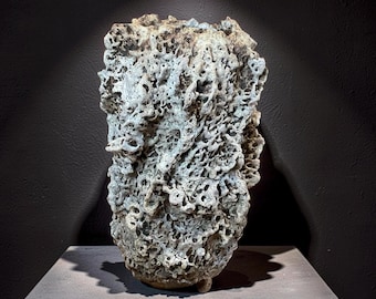 Handbuilt Ceramic Sculpture – Textured Earth Tones, Organic Form,White Lava Glaze