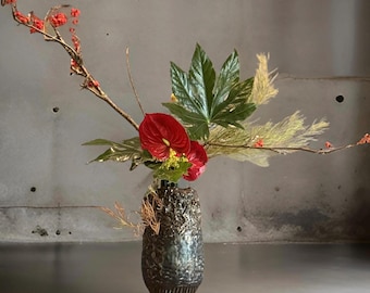 Ceramic Hand Made Dark Metal Brown/Green Rustic textures, One Of Kind Vase For Flower & Home Decor