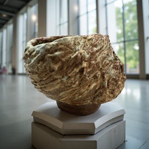 Organic Ceramic Sculpture Vase – Textured Volcanic Form with Pale Blue and Earth Tones
