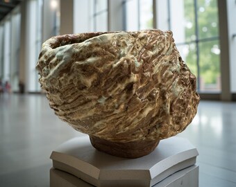 Organic Ceramic Sculpture Vase – Textured Volcanic Form with Pale Blue and Earth Tones
