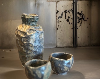 Unique Hand Made Ceramic Japanese Sake Bottle With Two Sake Cups,Brown/ Green For Dining/Table sitting/Kitchen