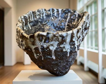 Textured Volcanic Glaze Ceramic Vessel – Crackled White & Brown Sculptural vase
