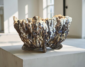 Unique Hand Made Art Ceramic Orange/Dark Brown Rustic Textures Vase/Bowl/Home Decor