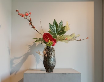 Ceramic Hand Made Dark Metal Brown/Green Rustic textures, One Of Kind Vase For Flower & Home Decor