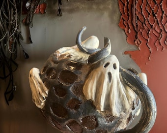 Unique Hand-Made Ceramic the Coffee Coup Dark Brown /White/Black Glazes. A Creative Twist for Halloween Holiday on Your Morning Coffee
