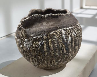 Organic Textured Ceramic Vase – Wabi-Sabi Black and White Crater Glaze Sculpture