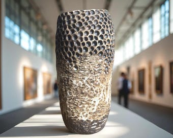 Hand-Built Art Ceramic Black/Brown/ White Rustic Textures Vase For Flower, Plant, Collection, Home Decor Or A Gift