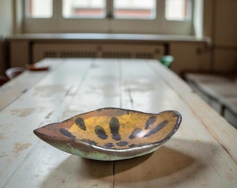 Handmade Organic Ceramic Plate with Ochre Glaze and Blue Underside – Wabi-Sabi Inspired Decorat