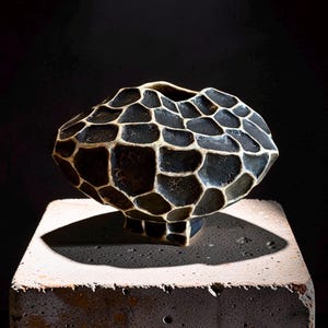 May include: A small, rounded ceramic vessel with a dark, textured surface featuring a raised, light-colored grid pattern that creates a honeycomb-like effect. The object has a wide, irregular opening at the top and a narrow, square-shaped base.